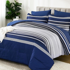 Navy Blue Queen Comforter Set 7 Pieces, Boho Striped Bed in a Bag Queen Size Sof
