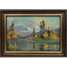 Original Oil Painting Forest Landscape with River 6x4 in Signed Framed Mountains