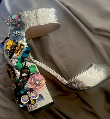Silver Sequin 3D Flowers & Bees Embellished Ankle Wedding PROM VINTAGE NEVER WOR