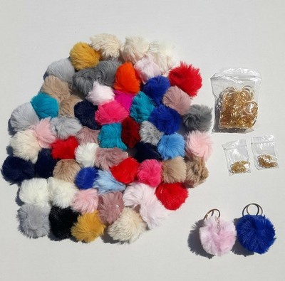 58 Assorted 2'' Pom Pom Keychain Purse Clip Goldtone Keychain Ring & Split Rings