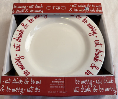 Set Of 4 Ciroa Eat , Drink And Be Merry Dinner Plates Red/White