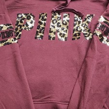 PINK Victoria's Secret Pullover Hoodie Burgundy Leopard Sequin Logo Women M