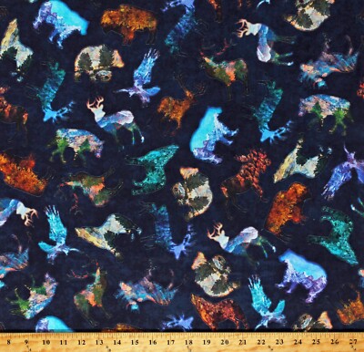 Cotton Northwoods Animals Bears Moose Elk Navy Fabric Print by the Yard D409.08