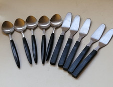 10 pc VTG Atomic TOY Retro Black Handled DOLLS Stainless Spoon  Knife Set-Japan