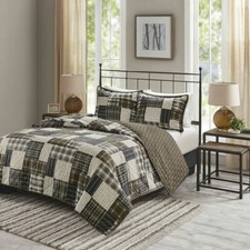 NEW COZY LODGE BROWN BLACK TAUPE GREY TAN PLAID CLASSIC LOG CABIN QUILT SET