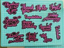 Die Cut Shapes, 13 Sentiments, words with Black Shadow,Various Colours (Set 1)