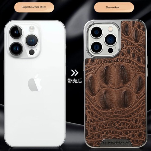 Genuine Leather Case for iPhone 15 Pro Max 14 Retro Crocodile Skull Glossy Frame - Picture 4 of 33