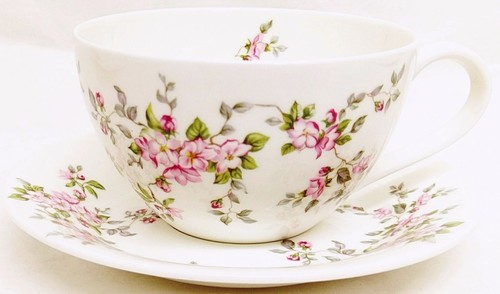 Pink Wild Roses Breakfast Cup Saucer Bone China Pink Floral Cappuccino Latte Set - View #8