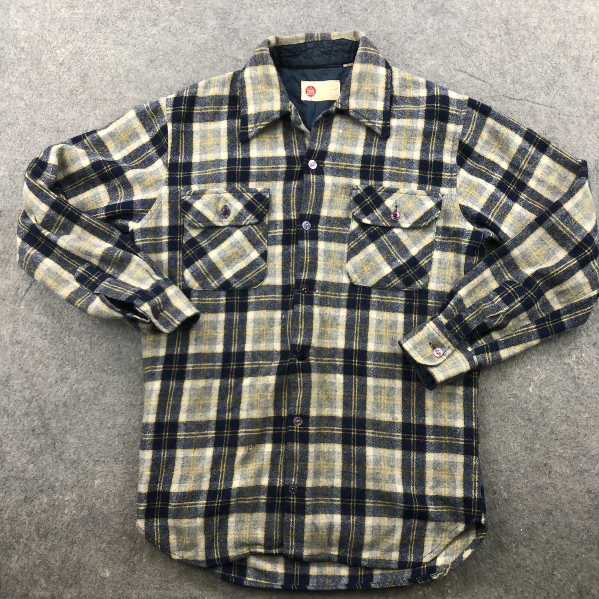 Vintage Sears Kings Road Flannel Shirt Mens Small Brown Yellow Wool Button Up