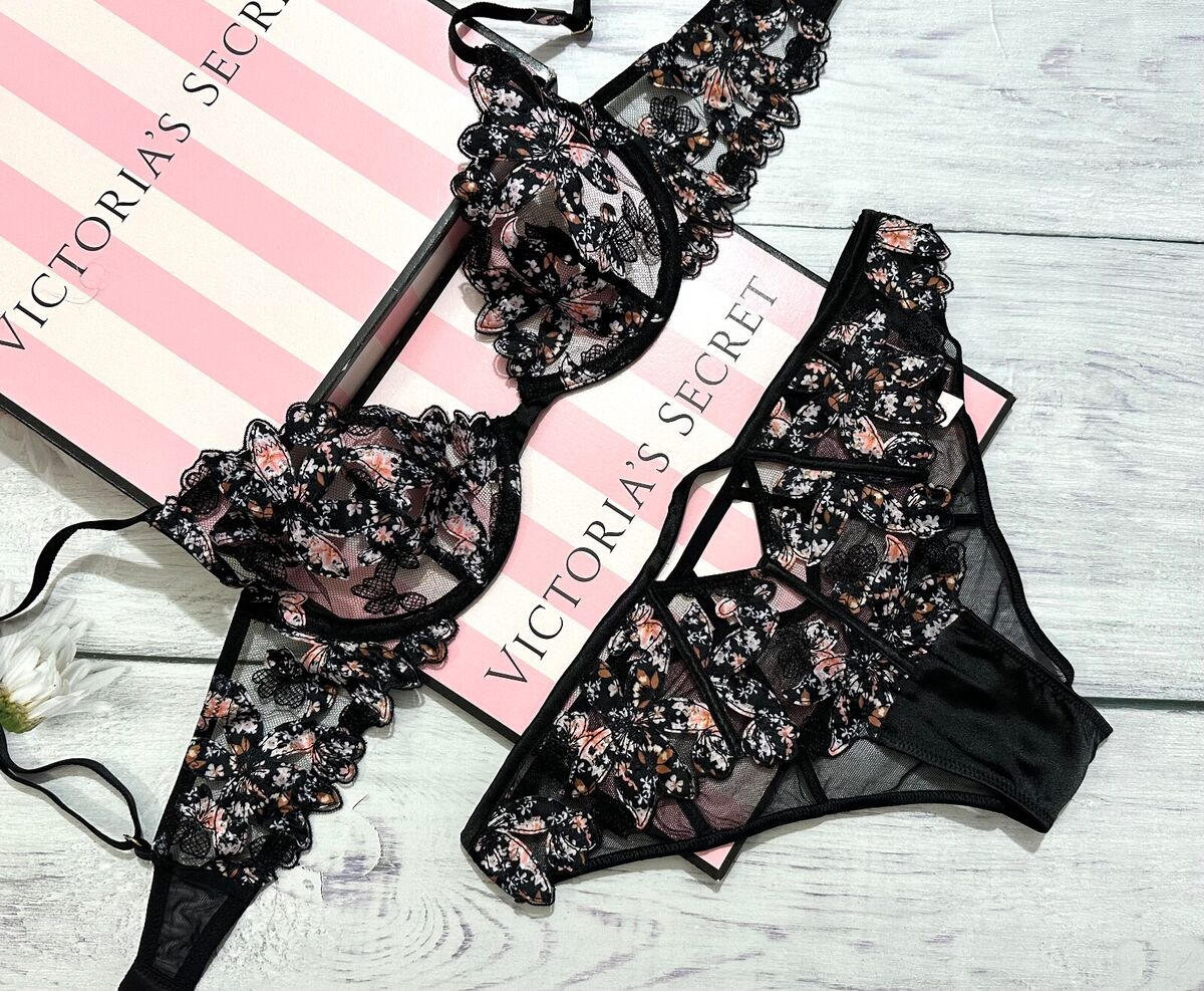 Victoria's Secret LUXE Unlined Appliqué Embroidered Bra Cheeky Set Floral  Black