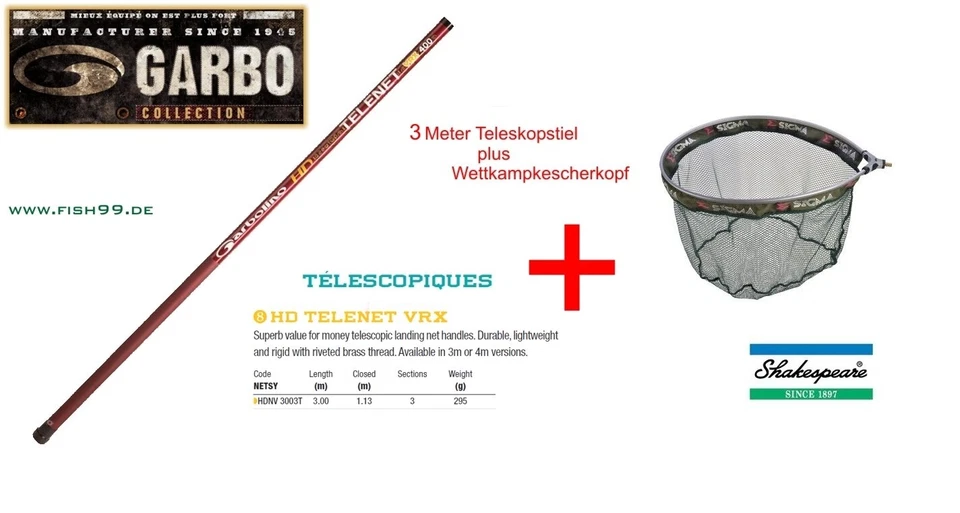 3 Meter Garbolino Kescherstiel + Shakespeare Match Net Combo