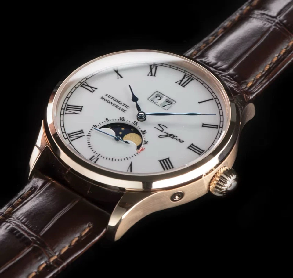 Reloj de vestir Seagull movimiento mecánico automático fase lunar para hombre piloto de lujo 100 Foto 3 de 4