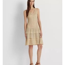 Lauren Ralph Lauren Beige Knit Drop Waist Ruffle Sleeveless Dress Crochet M