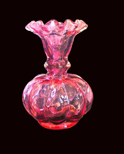 Vintage Fenton Cranberry Melon Vase Glass with Ruffled Edge 4.5"