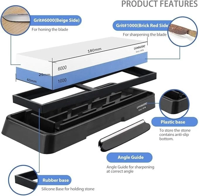 Juego de piedras de afilar cuchillos Whetstone 1000/6000 grano doble lado con guía de ángulo Foto 2 de 4