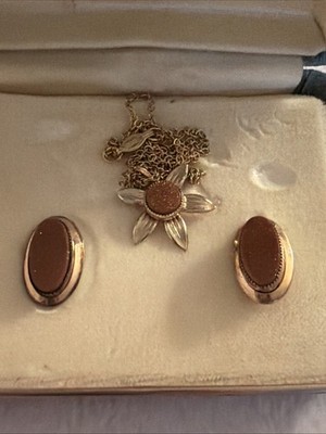 Vtg Curtis Creation 12K G.F. Goldstone Earrings & Flower Necklace