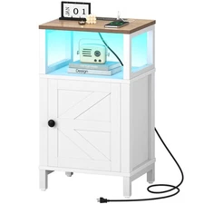 Farmhouse Nightstand with Charging Station, Wood Night Stand End with USB Por...