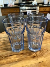 Libbey Crisa Gibraltar Misty Blue Heavy Pressed Panels Glasses, set of 4, EUC