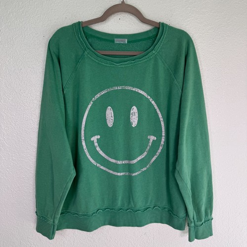 Free People Smiley Face Sweatshirt Women Small FP Movement Sweater Green Burnout