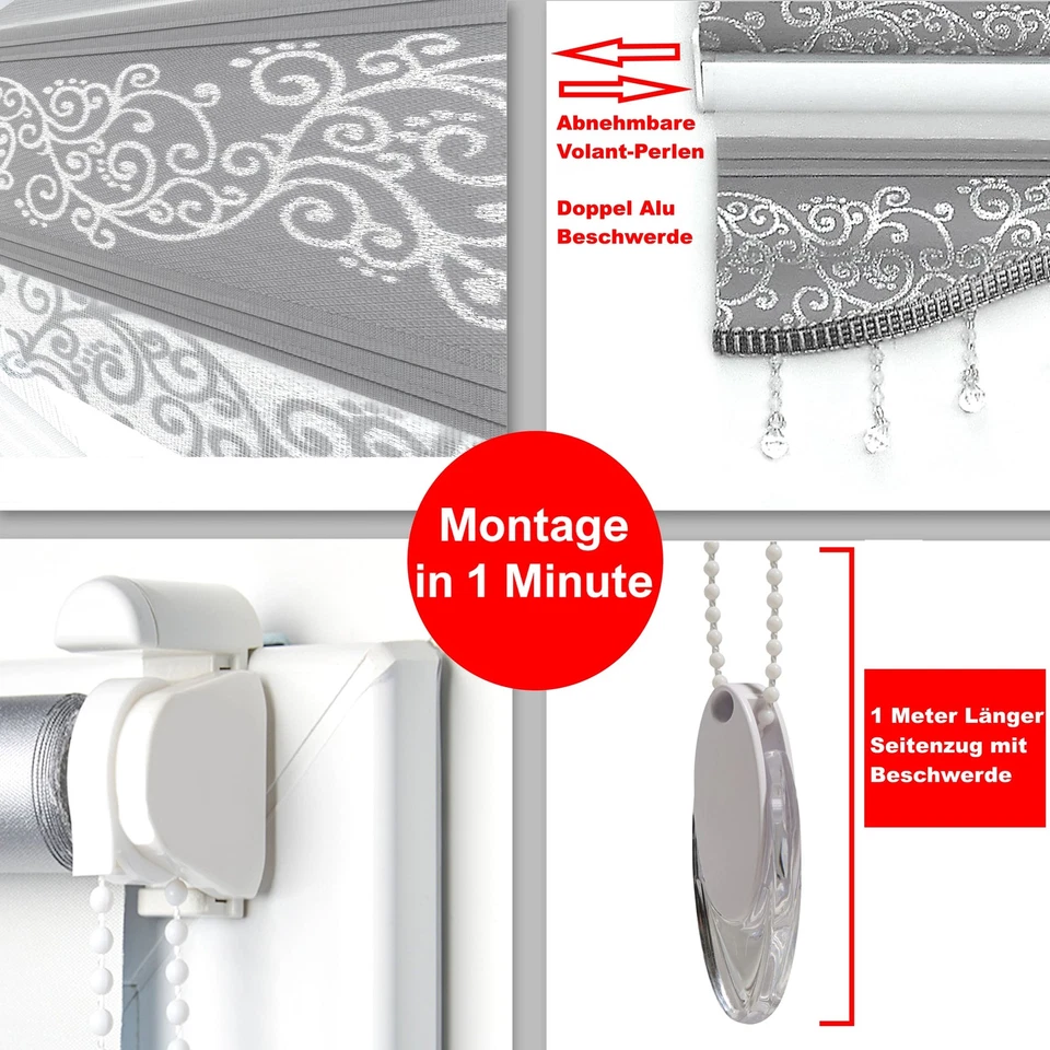 Doppelrollo Raffrollo ohne Bohren Klemmfix Rollos Jalousien Grau Silber Gardinen - Bild 3 von 4