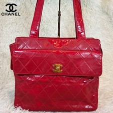 CHANEL Tote Bag Patent Leather Matelasse Turnlock Red Auth