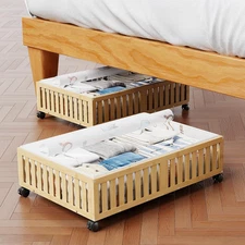2Pack Bamboo under Bed Storage Containers, Underbed Storage with Wheels & 40L La