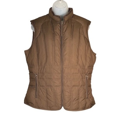 Eddie Bauer Down Vest Womens Sz Large Brown Quilted Full Zip Puffer Mock Neck