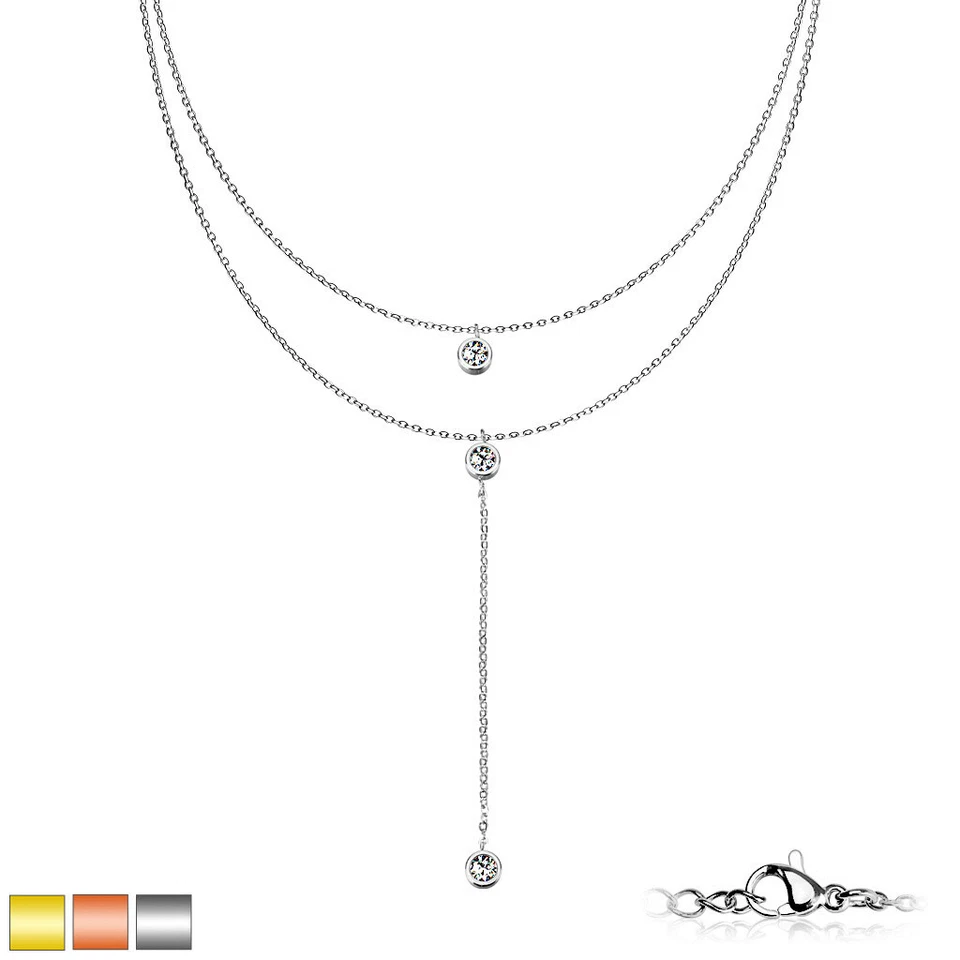 Damen Edelstahl Halskette Layer Kette Doppelkette Y-Kette Zirkonia Kristalle  - Bild 1 von 1
