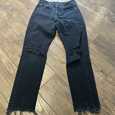 Levis 601 Big E Black Distressed Jeans With Holes Women s 26x28 