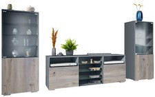 Wohnwand Lowboard Vitrine Wohnzimmer Granada Anthrazit matt Hochglanz Naturtöne