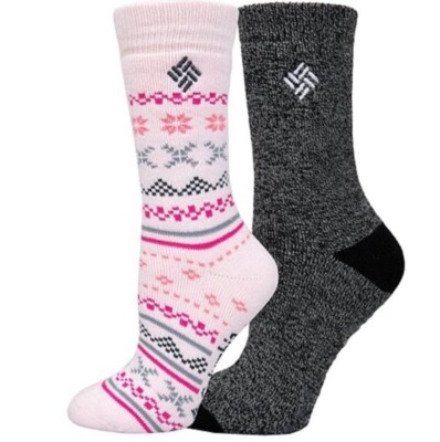 Youth Columbia Fleece Crew Sock Shoe Sz 2-10 - 2 Pairs Pink FairIsle Warm New