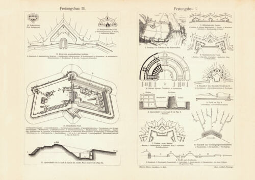 Festungsbau I. - III. historischer Druck Holzstich ca. 1904 Bildtafel Militär - Bild 1 von 11