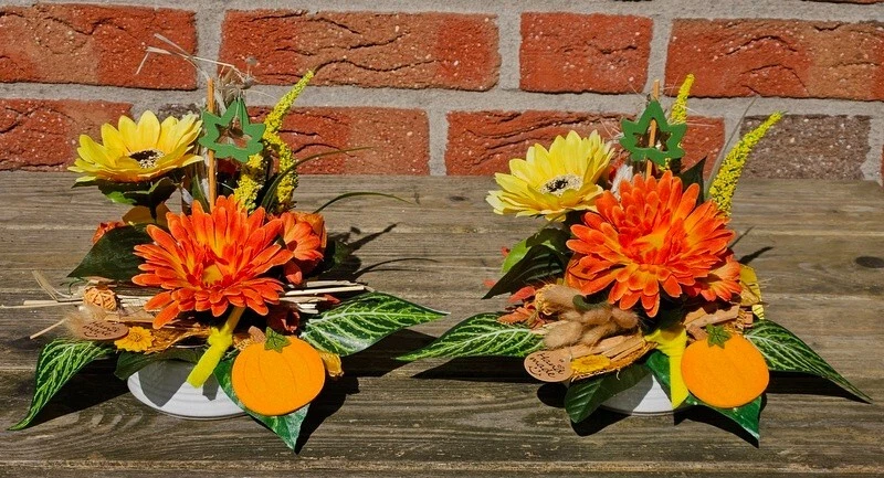 Gesteck 2 x Seide Gelb Orange Kunstblumen Sonnenblume Gerbera rund 25 cm Herbst - Bild 2 von 4