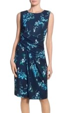 T Tahari Navy Blue Floral Print Ruched Banded Waist Sleeveless Dress Size 20W