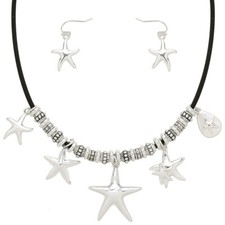 Charm Necklace Earrings SET Metal Sea Life STARFISH Beaded Charms BLACK SILVER