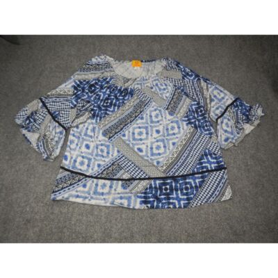 Ruby Rd. Boho Blouse Top XL Blue Geometric Print Chic Peasant Bell Sleeve