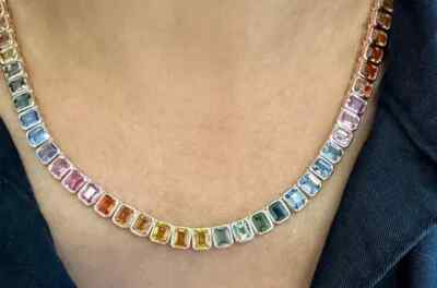 22Ct Emerald Rainbow Sapphire Bezel Set Tennis Necklace 14K Yell Gold Plated 16*