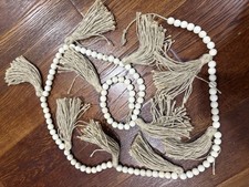 70" Natural Wood Bead Garland with 10 5" Jute Tassels Farmhouse Rustic Decor