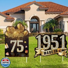 2Pcs Birthday Yard Signs 75th Birthday Decorations for Men Women Black Gold H...