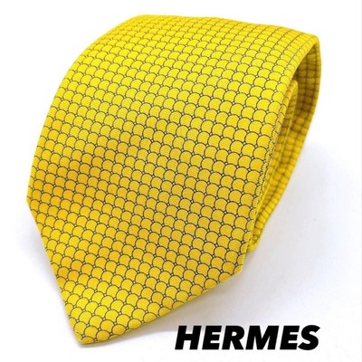 Hermes Krawatte Schuppenmuster Seide 3,1 Zoll Gelb Herren Accessoire Sehr Gut