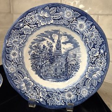 4 New  Staffordshire Liberty Blue 8 3/4&rdquo; Scalloped Rimmed Soup Bowls  Ironstone