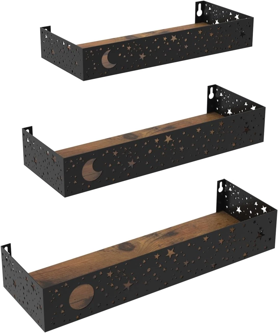 Moon and Stars Wall Shelves Black, Set of 3 Small Floating Shelves for Bedroom L