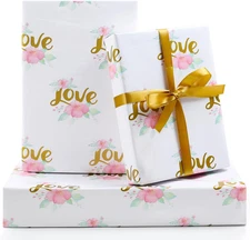 Wedding Wrapping Paper, Gold Love With Pink Floral White Groom Gift Wrap Folded 