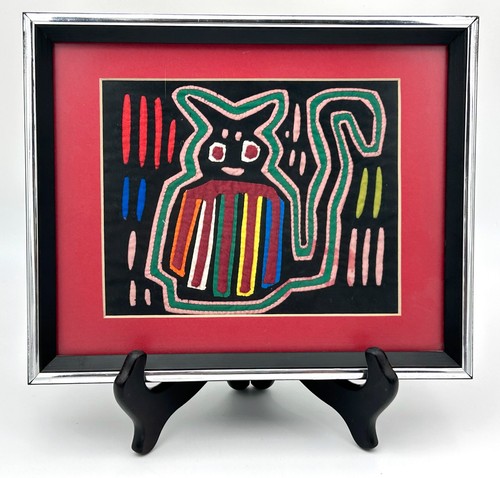VTG Kuna Indian Panama Mola Textile Black Cat Matted Framed Folk Art 11 x 9