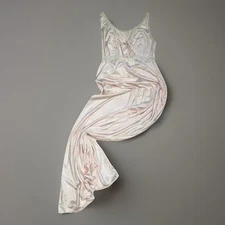 Victorian Dusty Pink Satin Slip Dress, Lace Trim Keyhole Neck Vintage Night Gown