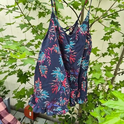 Roxy Lace Up Back Romper Tropical Floral Print Navy Pink - Sz Sm