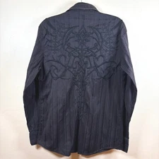 Roar Embroidered Button Up Shirt Men's L Black L/S Western Goth Monochrome