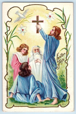 1911 Easter Religious Holy Cross Lilies Flowers Bird Embossed Newark NJ Postcard