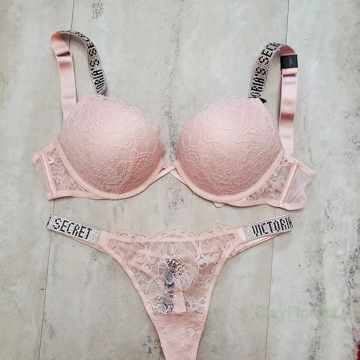 Victoria s Secret Bombshell 2 cups lace Push Up Bra Set shine blush pink thong