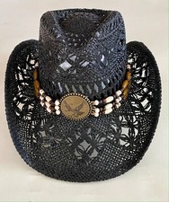 Cowboy Hat Straw Vintage Eagle Beads Western Concert Hat Black New Country